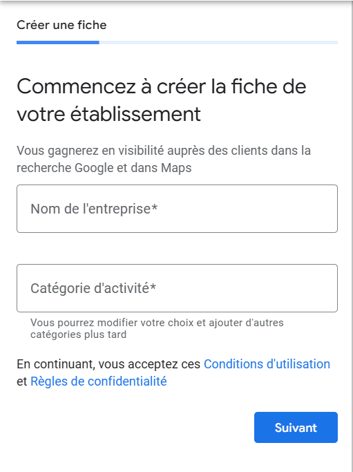 Image montrant la création d'une fiche google business - mettre le nom de l'entreprise et l'activitée