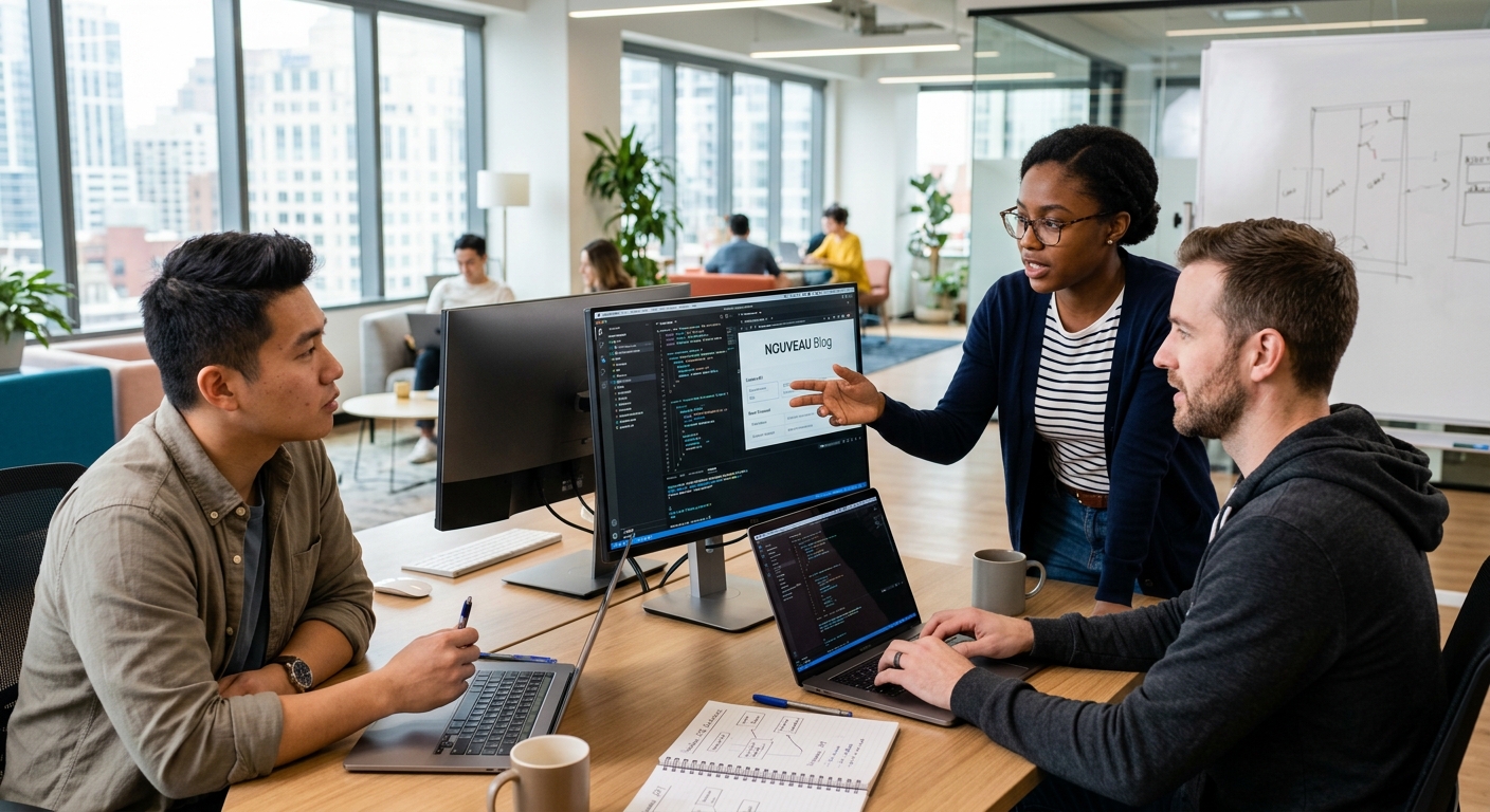 Développeurs collaborant sur un projet web Headless CMS