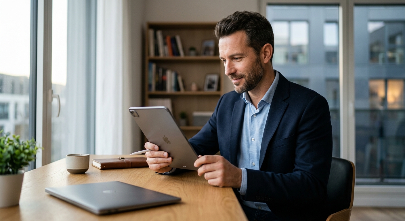 Entrepreneur consultant son agenda rempli de rendez-vous qualifiés sur tablette