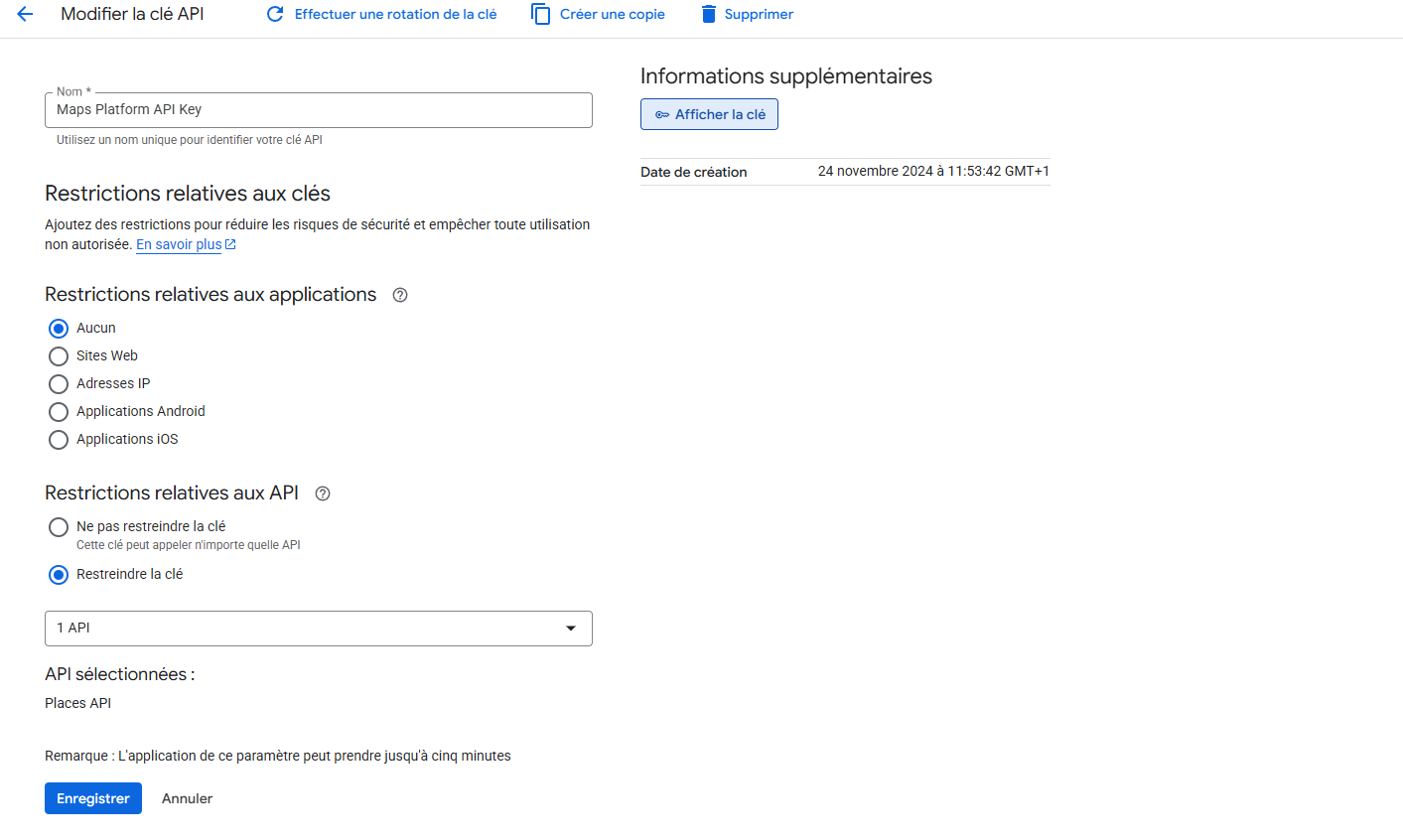 Création d'une clé API google place sur google cloud console