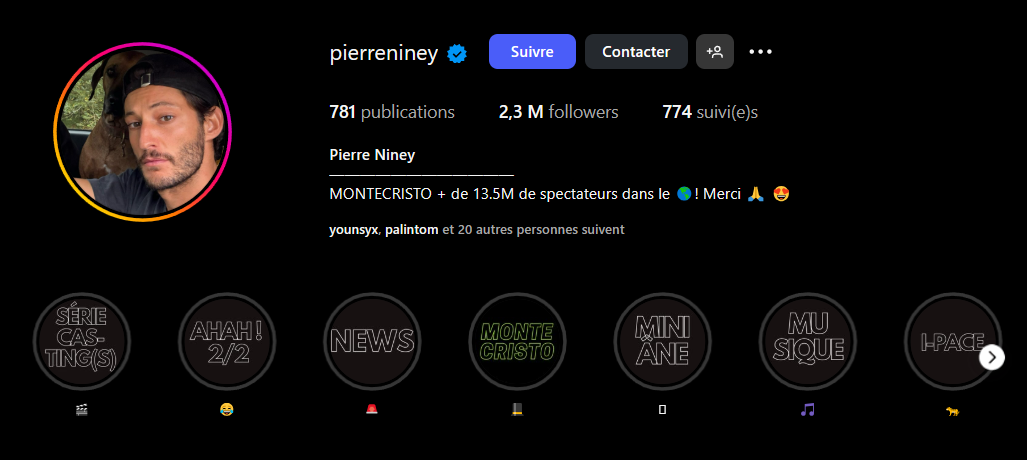 Bio Instagram de l'acteur/comédien Pierre Niney