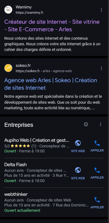 SERP sur google démontrant un site bien référencé. Wamimy.fr est une agence web qui référence les sites internet de ces clients