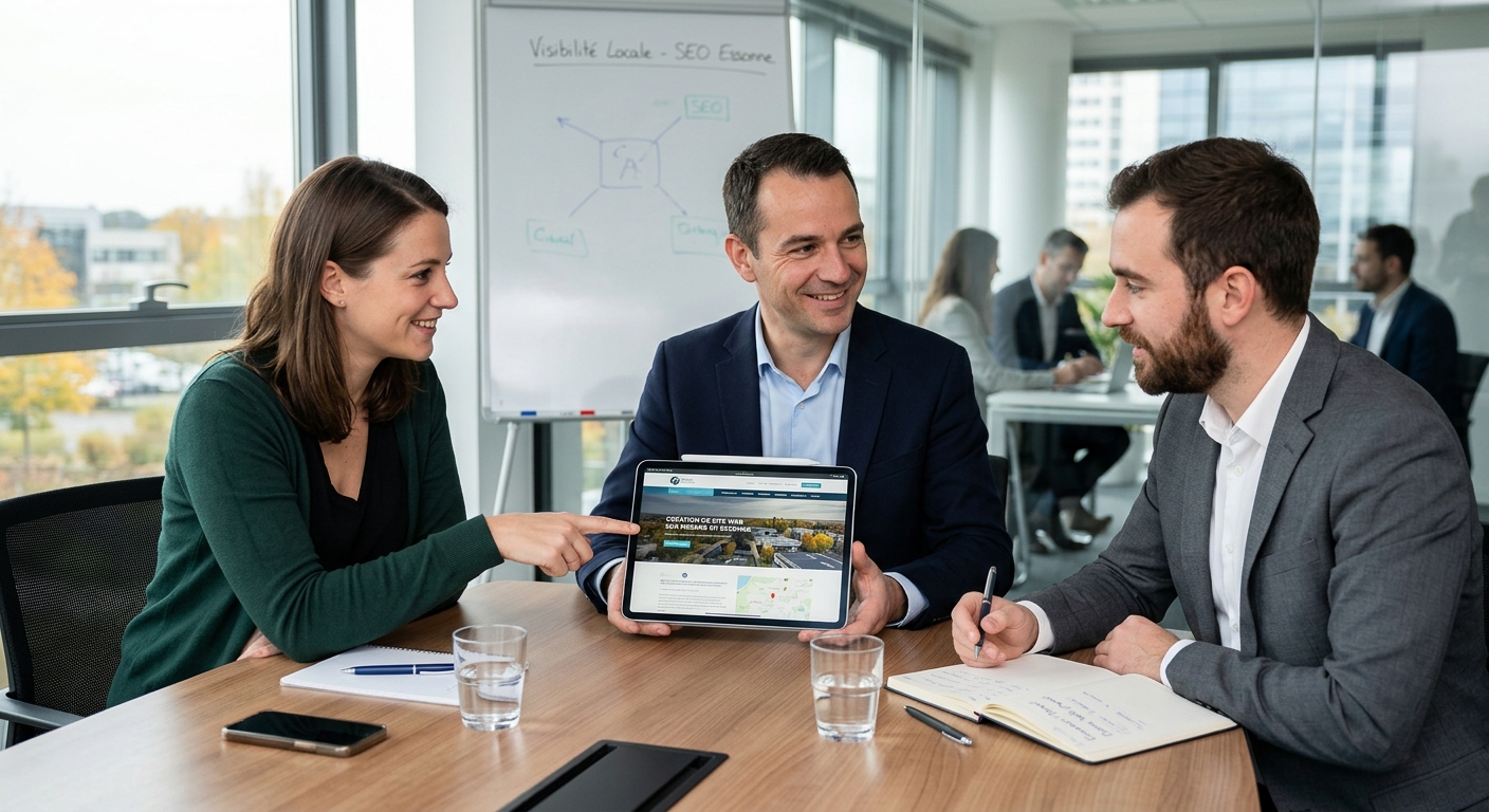 Homme d'affaires et équipe discutant d'un projet web sur une tablette