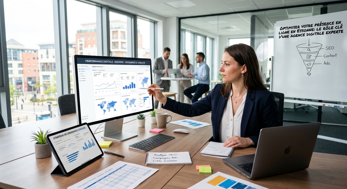 Professionnel analysant des données digitales pour la stratégie de croissance