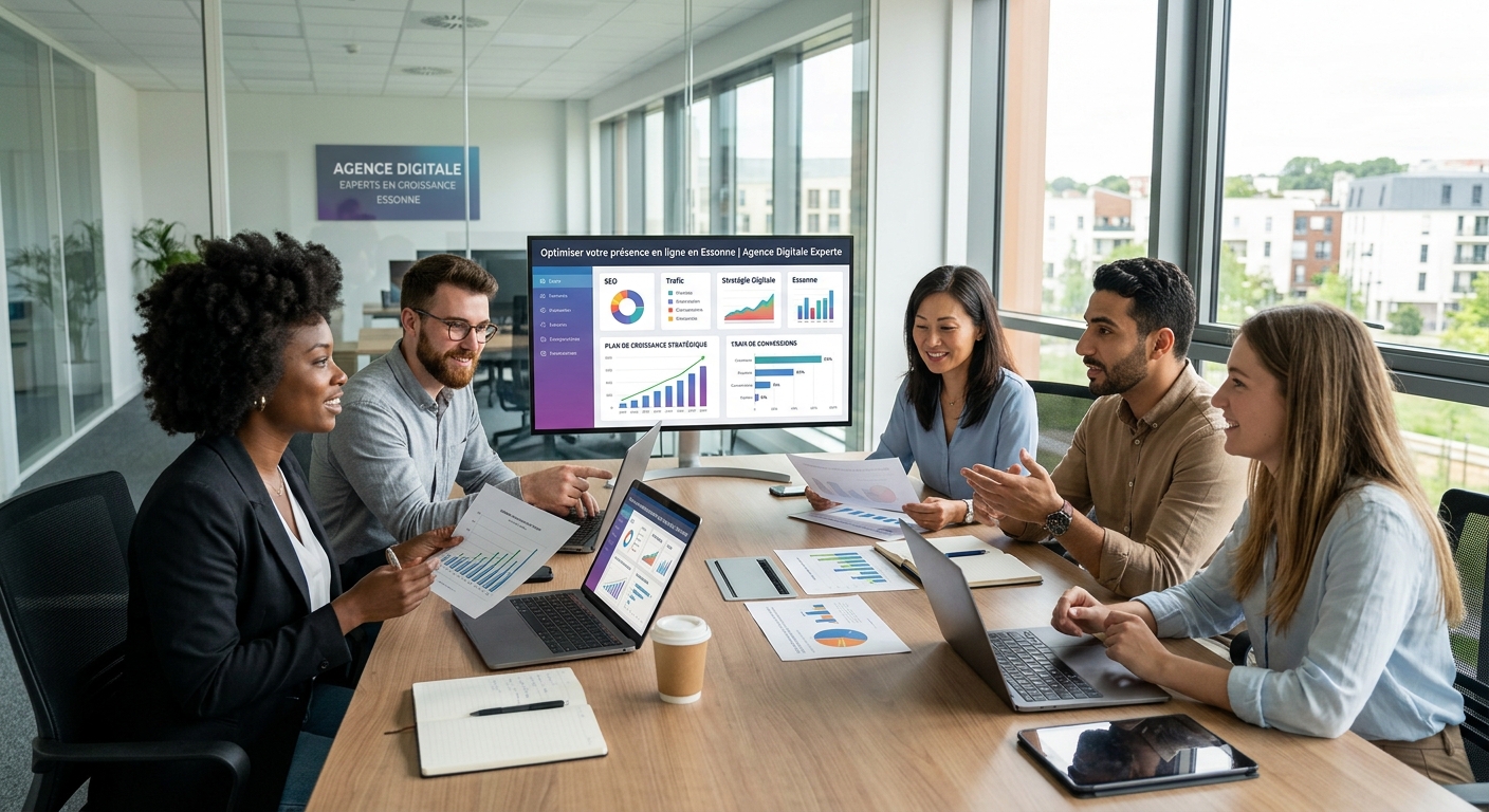 Équipe de professionnels du marketing digital collaborant sur des stratégies de croissance