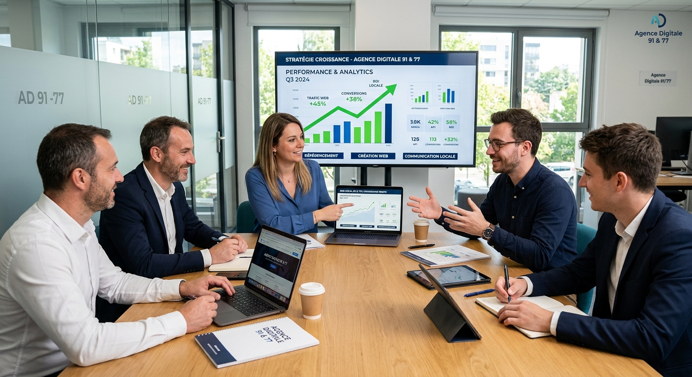Équipe marketing digital en réunion, discutant stratégie et croissance, affichant des graphiques de performance