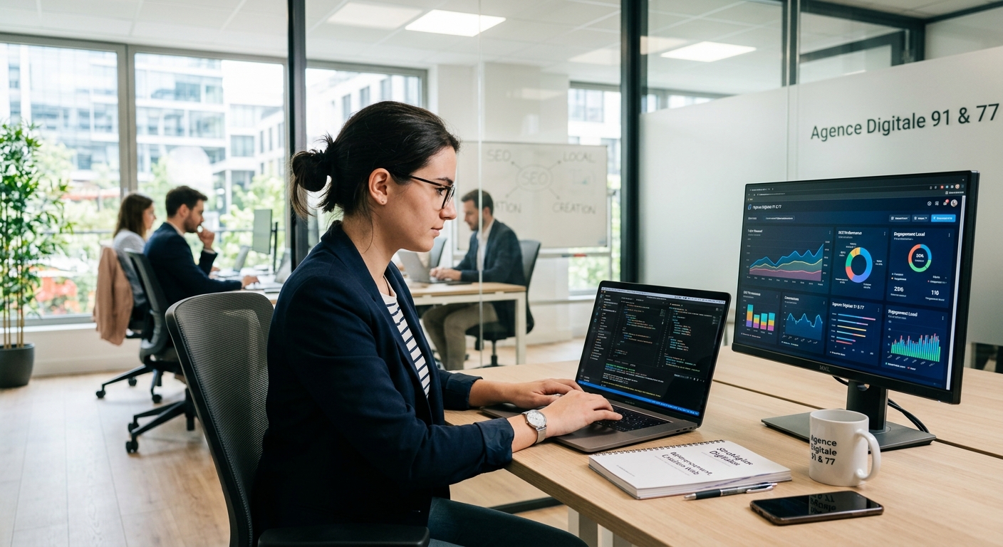 Un développeur web travaillant sur un ordinateur portable avec des lignes de code et des graphiques d'analyse de performance, dans un environnement de bureau moderne.