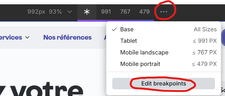 Edition des breakpoints sur Webstudio