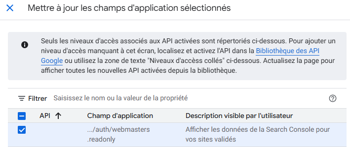 Activation du champ d'application webmasters.readonly pour utiliser l'api google search console