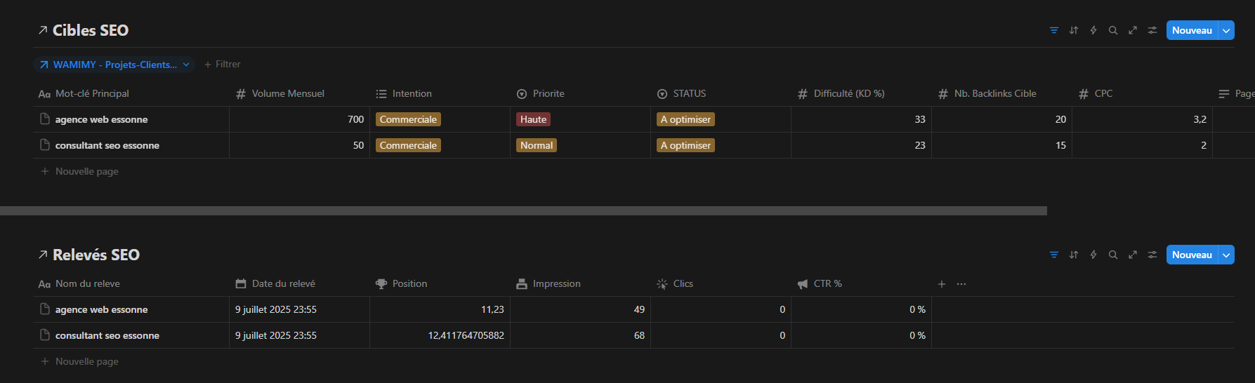 Capture de notion est du suivi de mot clef pour site web