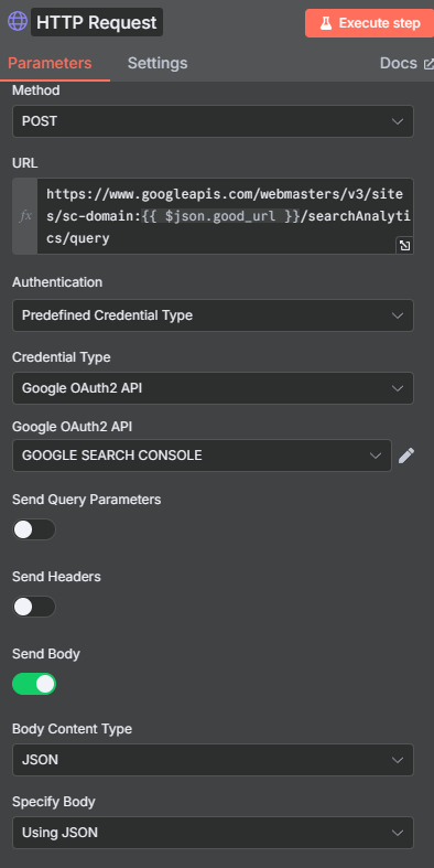HTTP resquest noeud n8n - appel de l'api google search console pour obtenir les infos sur son site internet