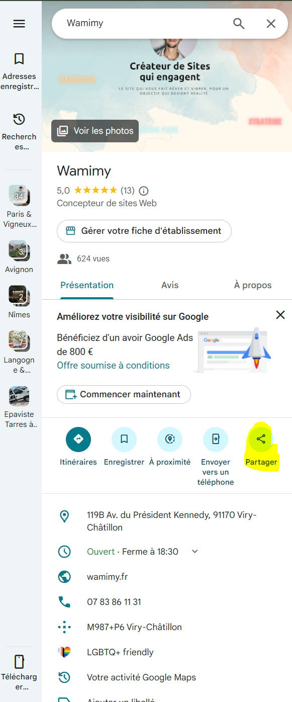 Intégrer la fiche gmb à son site internet en récupérant le lien de partage de sa fiche google