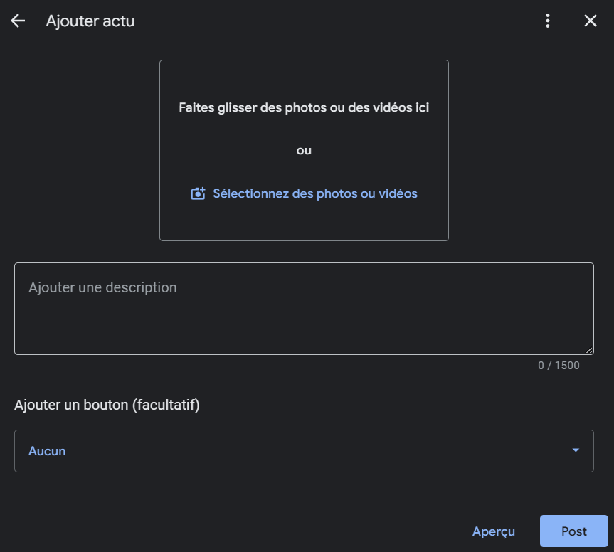 Image de la fonction création de post sur google business