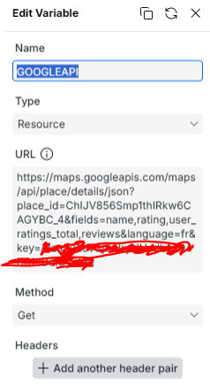 Requête API sur la google console API Place en utilisant webstudio