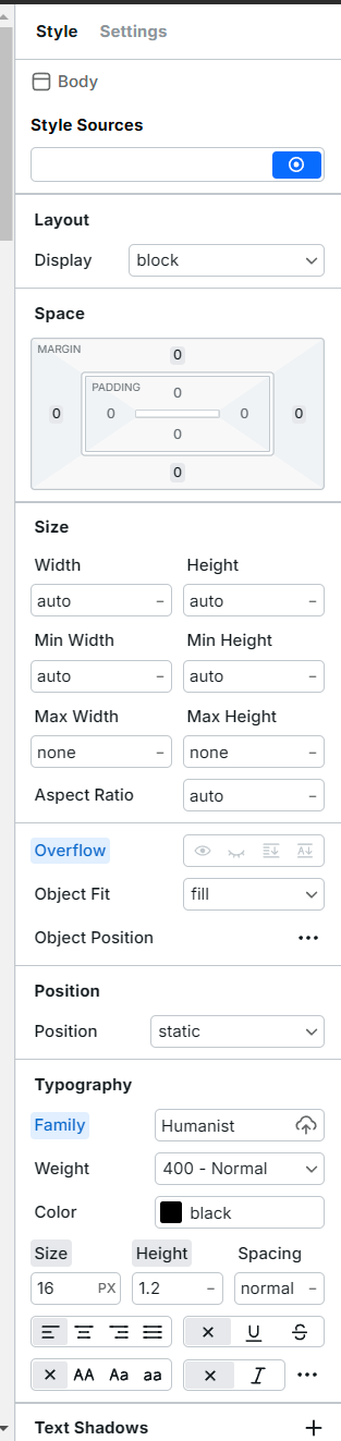 Barre latéral des modifications css webstudio